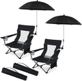 HaSteeL Low Beach Chair Set of 2, Foldable Black Camping Chair with Adjustable Umbrella Set for Adults, Lightweight Portable Lawn Chairs for Fishing, Picnic, Outdoor BBQ, Travel, Sports