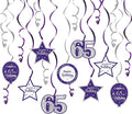 Happy 65th Birthday Purple & Silver Glitter Swirls Streamers Party Decorations - 15 Pcs 65th Birthday Hanging Swirls Streamers Kit,Perfect for 65th Bday Party Sign.