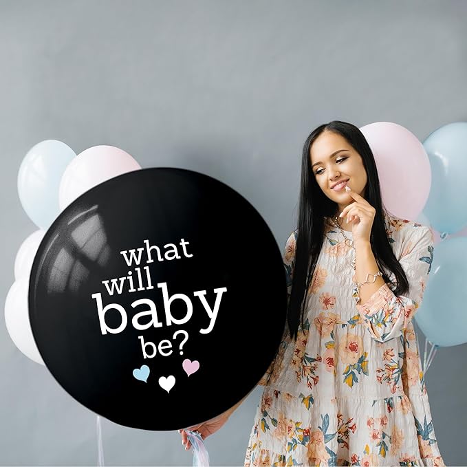 What Will Baby Be? Gender Reveal Balloon - 36 Inch Boy or Girl with Mini Balloons, Confetti & Backup - Black