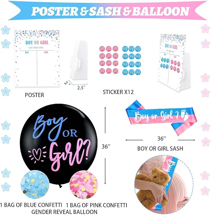 Hombae Staches or Lashes Gender Reveal Decorations, 169 PCs Boy or Girl Gender Reveal Decorations Backdrop Balloon Garland Banner Tablecloth Cake Cupcake Topper Box Cutout Poster Sash Pink Blue