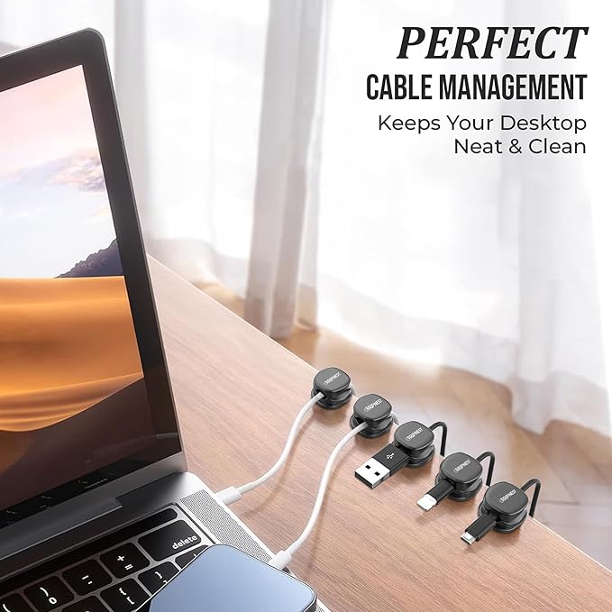 Never-Lose 1s Lock Spring Cable Solution – Rotatable Cable Clips, Strong Adhesive Cord Organizer & Wire Holder for Desk, Car, Wall & Nightstand, Tangle-Free Cable Management, 12 Pack (Black)