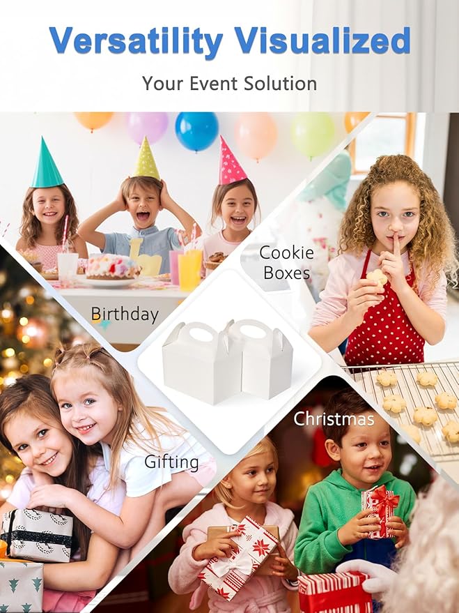 50 Pcs Small Party Treat Boxes, 6 Inch Candy Cookie Goodie Gift Bags Gable Box for Kids Birthday Party, White