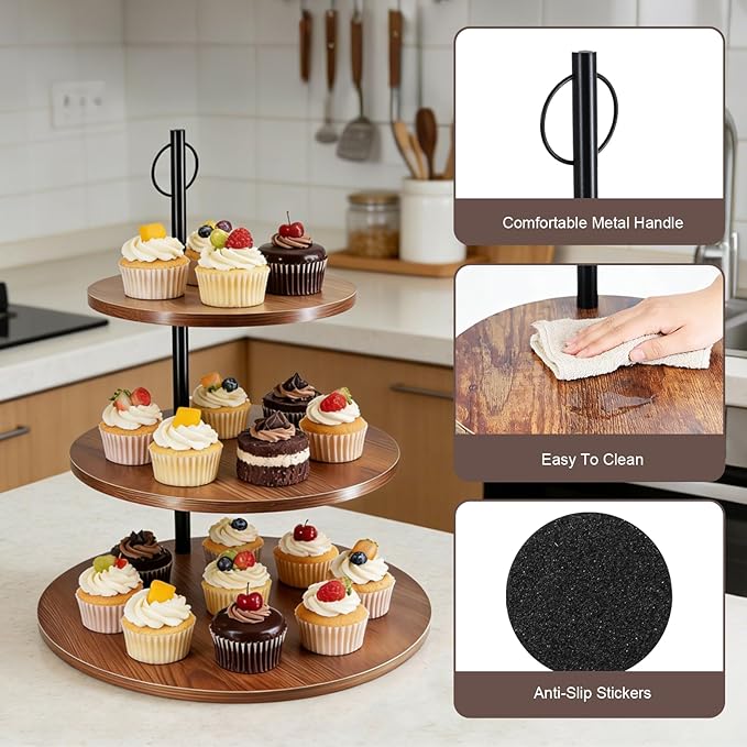Cupcake Stand, 3 Tier Wood Cake Stands Rustic Cupcake Tower, Round Tiered Tray Stand for Dessert Table Display, Industrial Wooden Serving Stand Wedding, Graduation and Baby Shower
