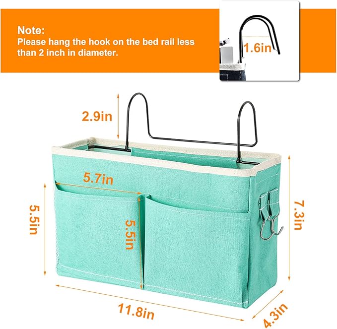 Surblue Bedside Caddy Bedside Storage Bag Hanging Organizer for Bunk, Hospital Beds, Dorm Rooms Bed Rails Camp 4 Pockets and 2 Hooks (Green)