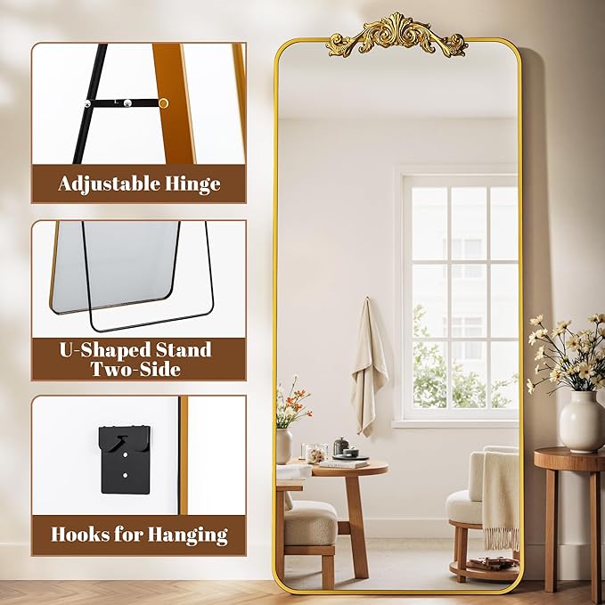 Vintage Full Length Mirror, 71"x32" Floor Mirror with Carved, Full Body Mirrors for Home Decor, Standing/Hanging Large Wall Mirrors for Bedroom/Living Room/Entryway, Gold, Retro Style