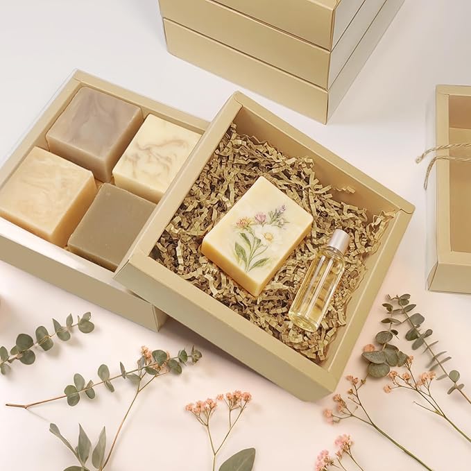30 Kraft Paper Cardboard Boxes Kits, Internal Dimensions 5.5x5.5x2 IN Homemade Soap Box with Raffia Filling,Blank Tags and Jute String, Small Gift Boxes for Jewelry, Candy, Wrapping Party Favor
