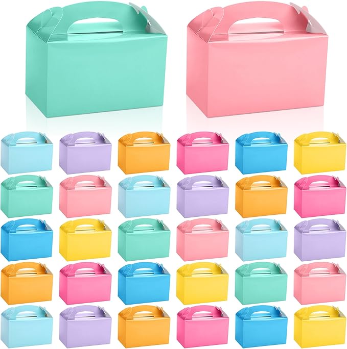 MIMIND 32 Pack Pastel Party Favor Boxes Gable Treat Boxes with Handles 6 x 3.5 x 3.5 Inches Candy Gift Boxes for Birthday Wedding Baby Shower Party Supplies