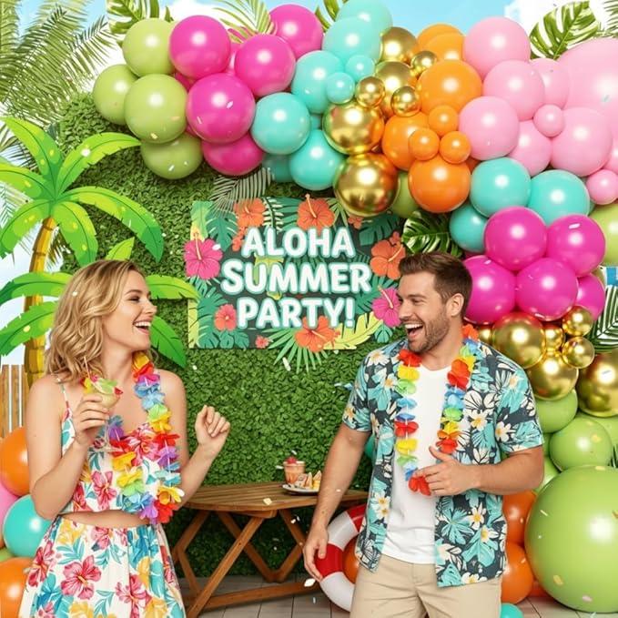 Flamingo Tropical Luau Balloons Arch Kit 162Pcs, Olive Green Hot Pink Orange Gold Summer Hawaiian Balloons Garland Kit for Aloha Birthday Baby Shower Summer Beach Pool Party Decorations