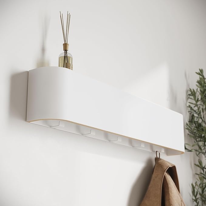 Kazai. Wall-Mounted Coat Rack 'Toke' - Modern Design Coat Rack with Hidden Wall Hooks - Solid Wood Veneer Panel Coat Hanger - White
