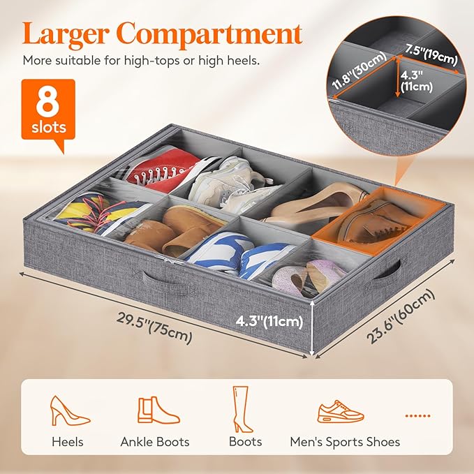 Lifewit Under Bed Shoe Storage Organizer Fits 8 Pair Sneakers, 4.3 Inches Tall Sturdy Structure Ultra Thick Fabic Sneaker Storage, Foldable Underbed Shoe Boxes for Heels, Boots, Sports Shoes 3 Pack