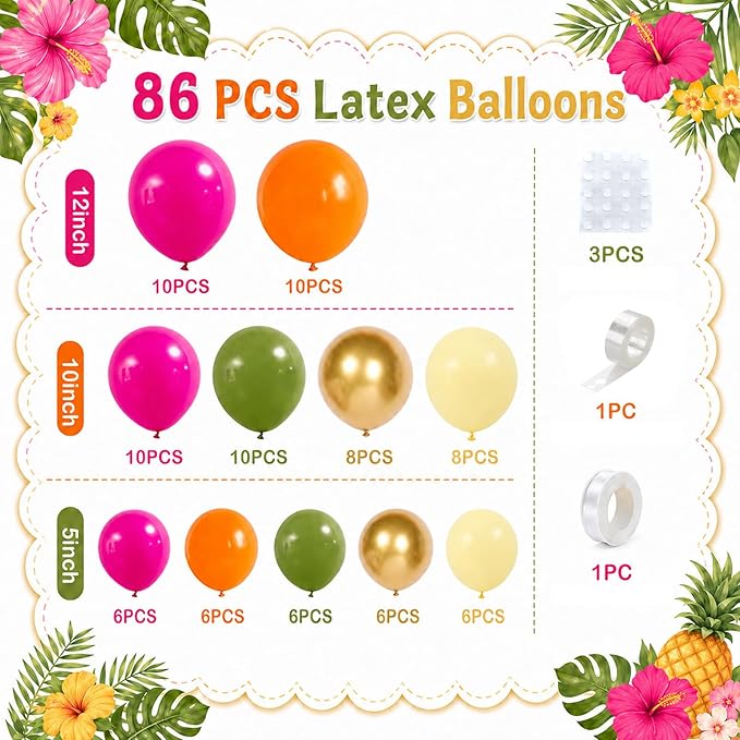 Tropical Hawaiian Balloons Arch Garland Kit, Olive Green Hot Pink Orange Yellow Metallic Gold Balloons for Kids Hawaii Summer Beach Luau Aloha Pool Birthday Flamingo Theme Baby Shower Party Decoration
