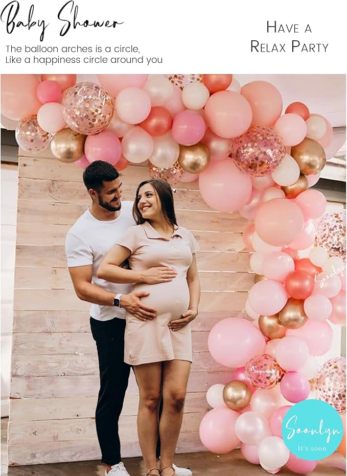 Soonlyn Rose Gold Balloons - 140 Pack, 12 Inch Gold & Pink, Pink Confetti, Arch Kit for Bridal & Baby Showers