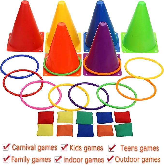 Win SPORTS 3 in 1 Carnival Outdoor Games Combo Set, Soft Plastic Cones Cornhole Bean Bags Ring Toss Games,for Kids Adults Indoor Outdoor Birthday Party Lawn Games Supplies (26 Pieces