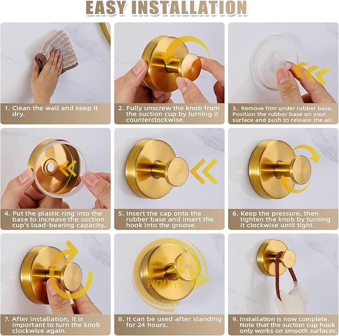 Suction Cup Hooks for Shower No-Drill Bathroom Hooks for Towels, Robes, Loofah Mountable on Bathroom Walls, Kitchen, Glass, Mirrors, Tile and Smooth,Non-Porous Surfaces (4, Brushed Gold)