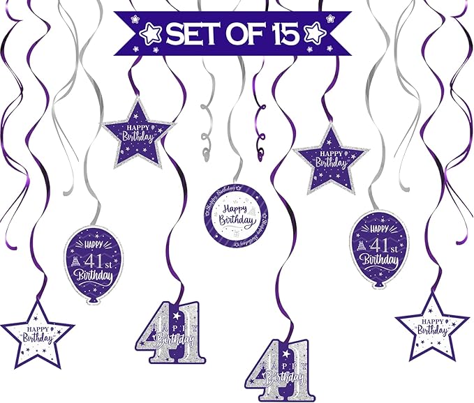 Happy 41st Birthday Purple & Silver Glitter Swirls Streamers Party Decorations - 15 Pcs 41st Birthday Hanging Swirls Streamers Kit,Perfect for 41st Bday Party Sign.