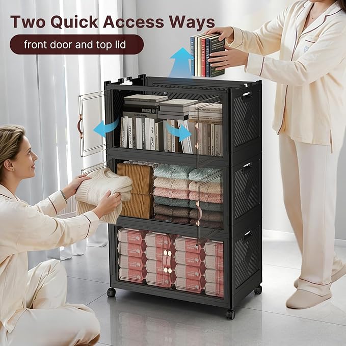 UAMFURI Stackable Storage Bins with Lids, 288QT Closet Organizers, Lockable Storage Cabinet，Foldable Storage Box with Doors and Wheels, Plastic Drawers for Home, Garage, Office (6, Black, Medium)