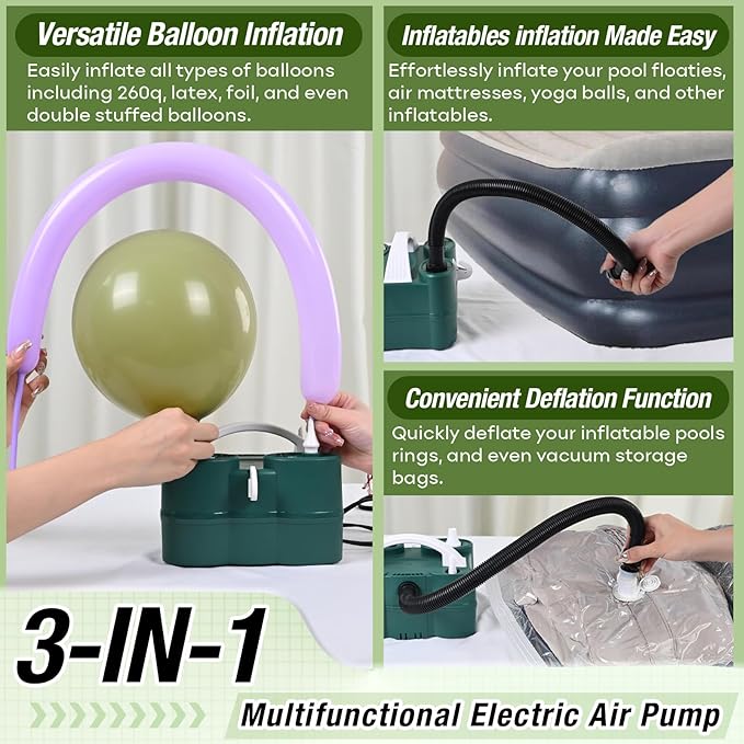 3-in-1 Electric Balloon Pump, Portable Air Pump for Latex 260q Foil Balloons, Dual Nozzle Balloon Blower Machine for Party Decoration, 110V AC Inflator Deflator for Inflatables Pool Floats Mattress
