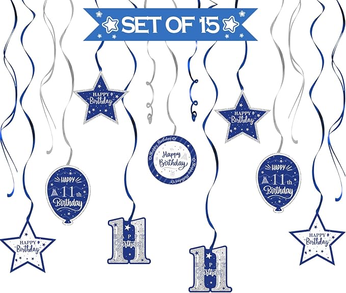 Happy 11th Birthday Blue & Silver Glitter Swirls Streamers Party Decorations - 15 Pcs 11th Birthday Hanging Swirls Streamers Kit,Cheers to Eleven Years Old Bday Party Sign.