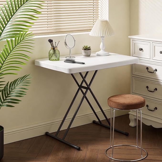 30in Folding Table, Portable Picnic Table with Adjustable Height, Foldable TV Tray Table & Laptop Desk for Small Spaces, Patio, Camping, BBQ, No Assembly Needed, White