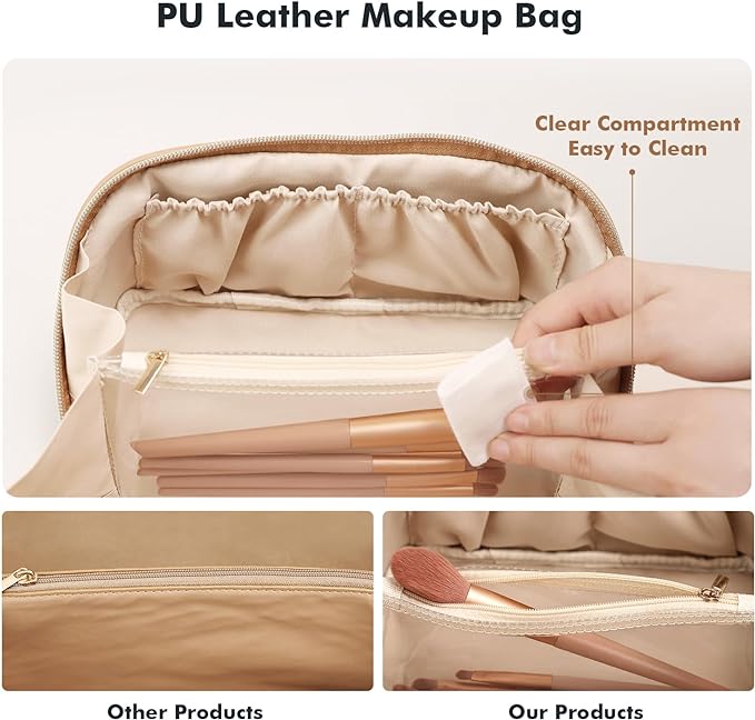 Prite Makeup Bag for Women Travel Waterproof Vegan Leather Cosmetic Bag Open Flat Toiletry Bag With Clear Divider and Handle (Beige, Large)
