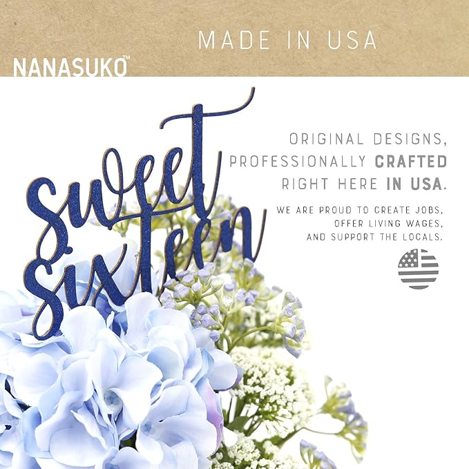 16th Birthday Cake Topper - Sweet Sixteen - Double Sided Navy Blue Glitter - Premium Quality Made in USA