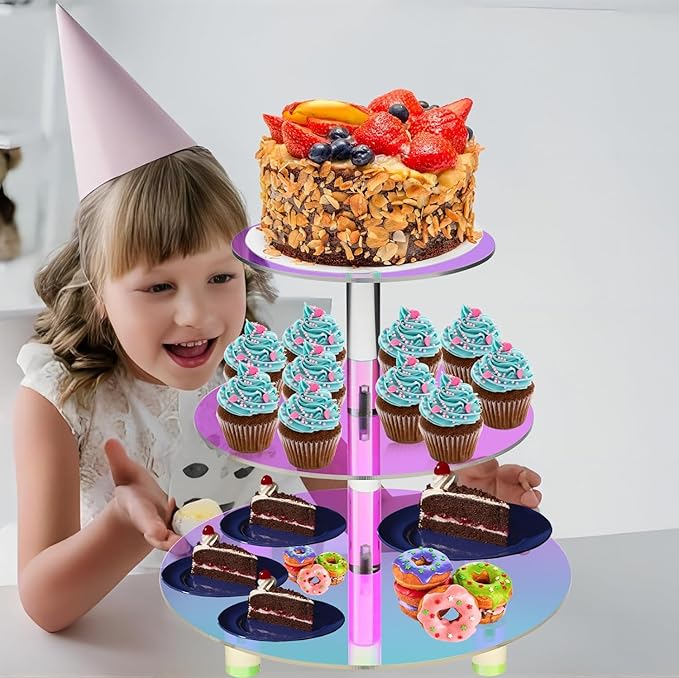 3 Tier Iridescent Acrylic Cupcake Stand, Round Dessert Display Tower for Baby Shower, Birthday Party, Tea Party and Wedding