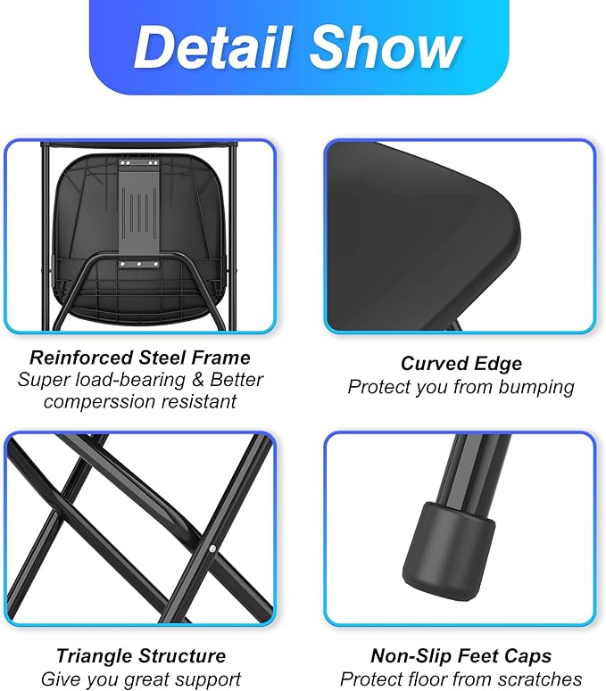 Allpop 5 Pack Plastic Folding Chair, 300lb Capacity, Portable Commercial Chair Seat with Steel Frame for Office Wedding Party Indoor Outdoor Events, Stackable, Black