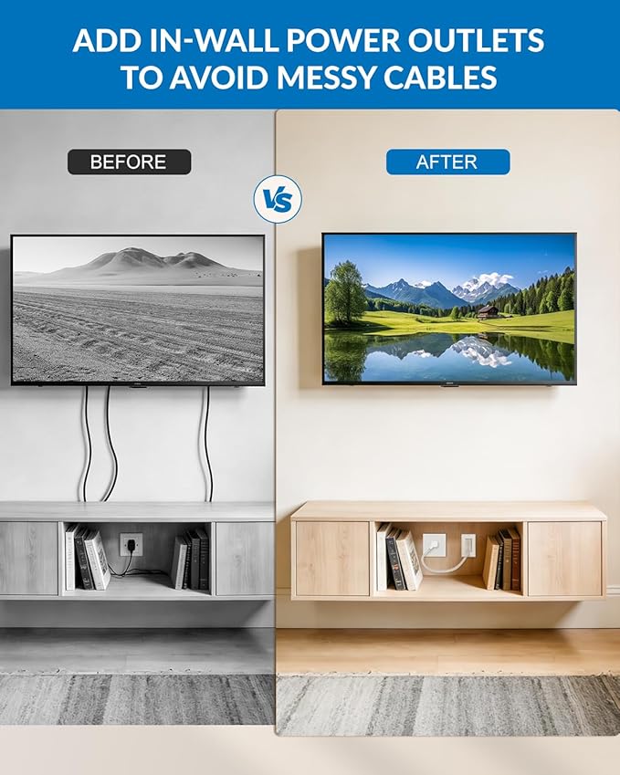 in-Wall Cable Management Kit with Recessed Outlet Box, Dual Outlet Extender with 4.2A Type C/C USB Ports, 9.8ft Extension Cord, Easy Install w/Drywall Saw, UL Listed, TR Safe Outlet Relocation Kit