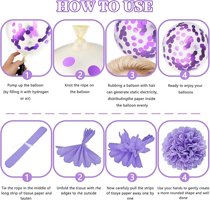 ZERODECO Purple Silver Birthday Party Decorations for Women Girls, Happy Birthday Banner Pompoms Balloon Arch Fringe Curtain Party Décor for Baby Girls Women Purple Silver Party