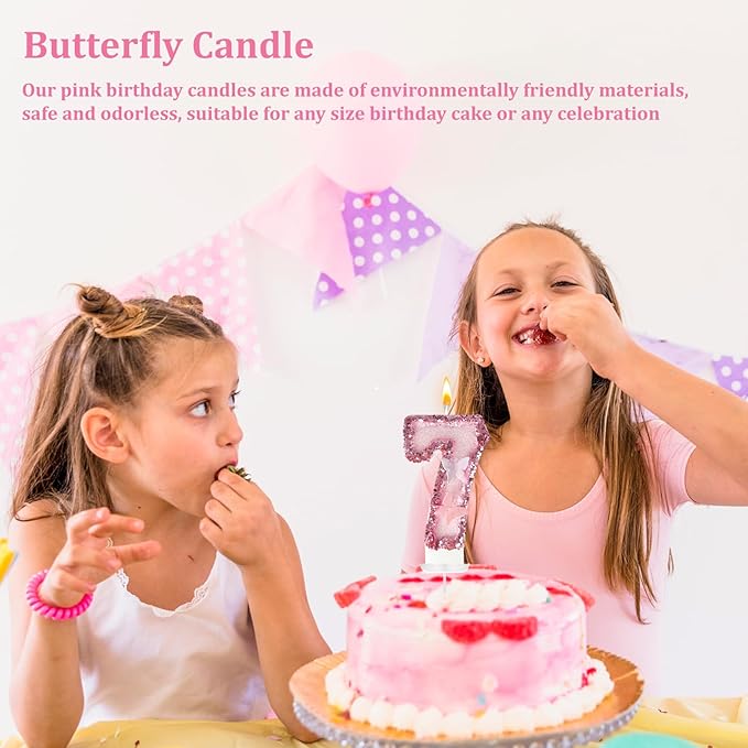 7th Birthday Candles，Glitter Butterfly Cake Toppers Pink Sequins Wedding Numeral Cupcake Decorations，Suitable for Girl and boy Wedding Cakes, Party Celebrations, Birthday Decorations