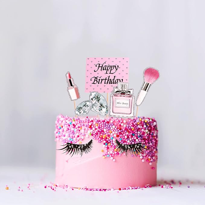 Ercadio 28Pcs Makeup Birthday Cupcake Toppers Diamond Lipstick Cupcake Picks Eyelash Food Picks for Makeup Girl Pink Birthday Cupcake Decorations Bridal Shower Cosmetics Bachelorette Party Supplies