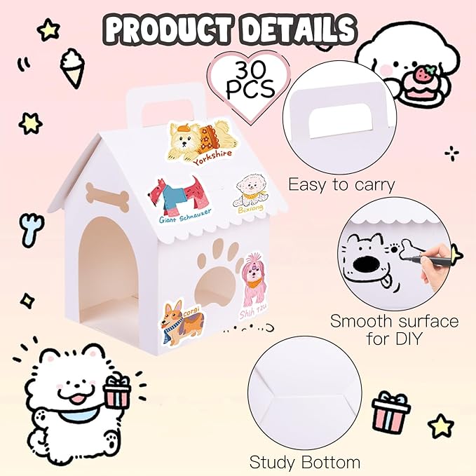 ARELUX 30 Pcs Dog House Shaped Party Favor Boxes, 7 x 4.7 x 3.9 Inches Foldable Pet Adoption Treat Gift Boxes with DIY Stickers - Blank Goodie Bags for Puppy Birthday, Baby Shower, Dog Themed Events