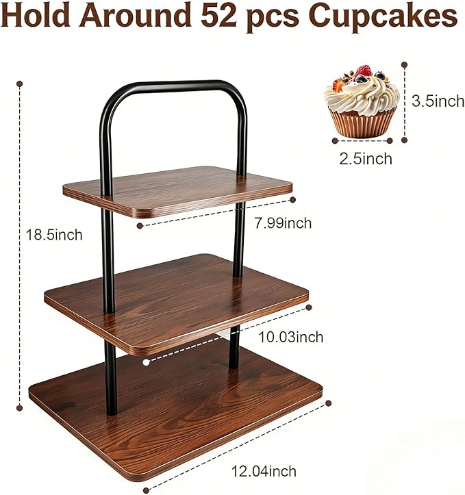 3-Tier Wooden Cupcake Stand with Handle, Large Cake Stand for 52 Cupcakes, Portable Dessert Tower for Parties Weddings Birthdays