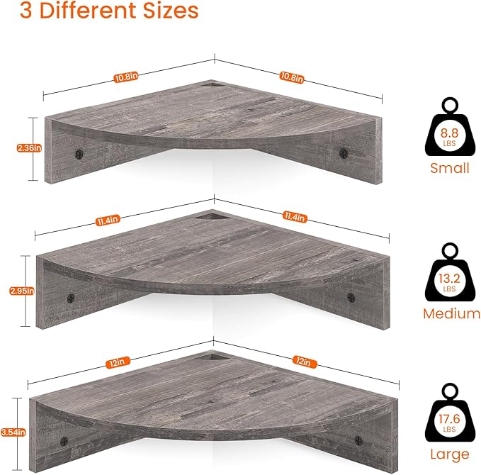 Homode Corner Floating Shelves, Set of 3 Corner Wall Shelves for Storage and Display, 3 Tier Wood Hanging Shelf Organizer for Cable Box, for Bedroom, Bathroom, Kitchen, Rustic Grey