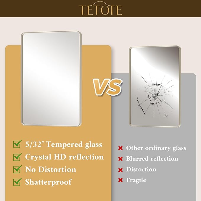 TETOTE 48 x 36 Inch Brushed Nickel Bathroom Mirror Metal Framed Bathroom Mirror, Tempered Glass, Modern Farmhouse Wall Mounted Mirror for Decorative(Horizontal/Vertical)