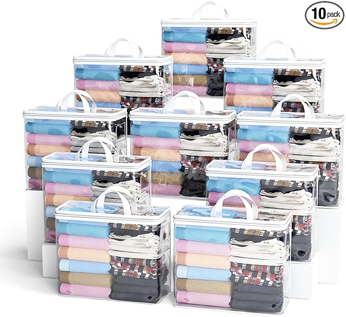 10PACK Clear Zippered Storage Bags for Clothes, 22L Closet Organizers Bag, and Blanket Storage Bags for Bedding, Linen, Blankets, Comforters, Clothing & Toys (White)