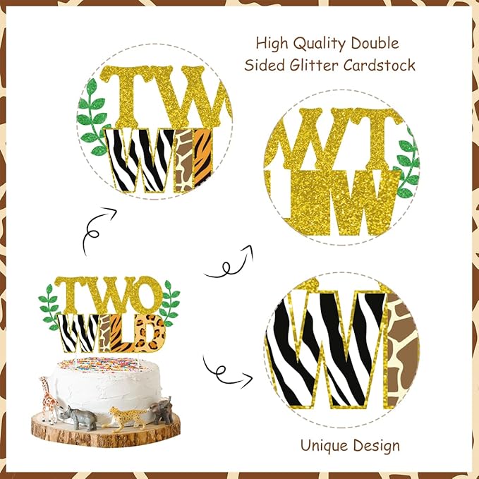 Sursurprise Two Wild Cake Topper Jungle Animals Cupcake Toppers, Safari Animal Second Birthday Decorations Zoo Themed 2nd Birthday Party Cake Supplies