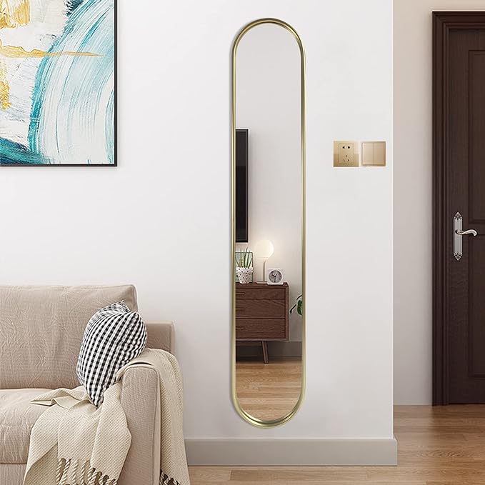 OUSHUAI Gold Full Length Oval Mirror,Narrow Capsule Long Mirrors with Metal Frame for Entryway,Hallway,Living Room 44"X8" (1pc)