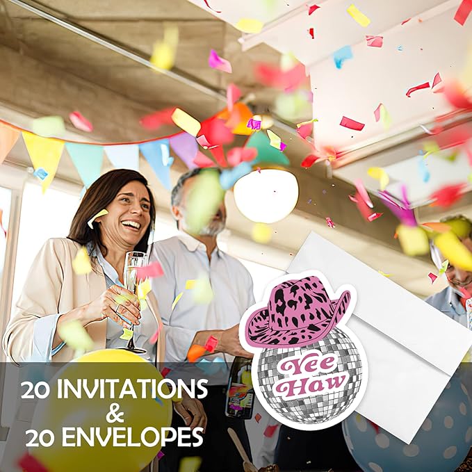 AEHIE 20 Sets Yeehaw Western Girl Birthday Party Shaped Fill-In Invitations With Envelopes,Hot Pink Disco Ball Party Invitation Invite Cards for Girls,Western Birthday Party Invites
