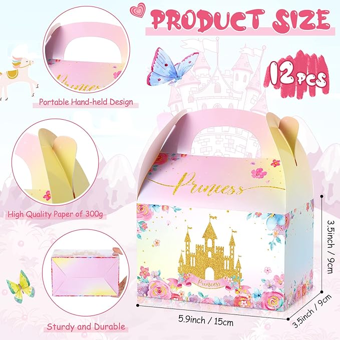 Nezyo Princess and Prince Treat Boxes - Pink & Blue Crown Cardboard Goodie Boxes for Birthday Party Favors(24 Pcs,Princess)