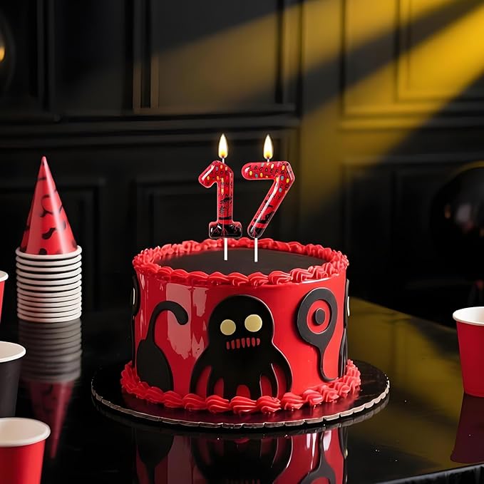 Red Number 17 Birthday Candle for Cake – Dark Horror Style with Alphabet Print & Shadow Design – Unique Cake Topper for Birthday, Anniversary, Themed Party Decoration