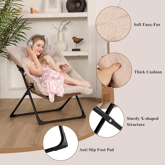 Comfy Saucer Chair for Adults, Set of 2, Soft Faux Fur Bedroom Chair, Accent Dorm Chairs, Flexible Living Room Reading Chairs, Oversized Folding Lounge Seat for Teens, X-Large, Camel