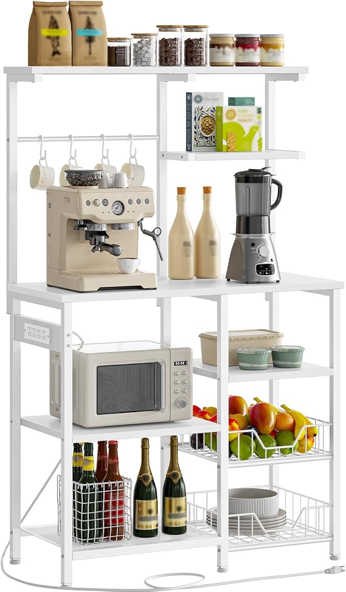 HOOBRO Large Bakers Rack with Power Outlets, 6-Tier Microwave Stand with 4 Hooks, Coffee Bar, Kitchen Shelf with Wire Basket, for Kitchen, Living Room, Office, White WW64UHB01