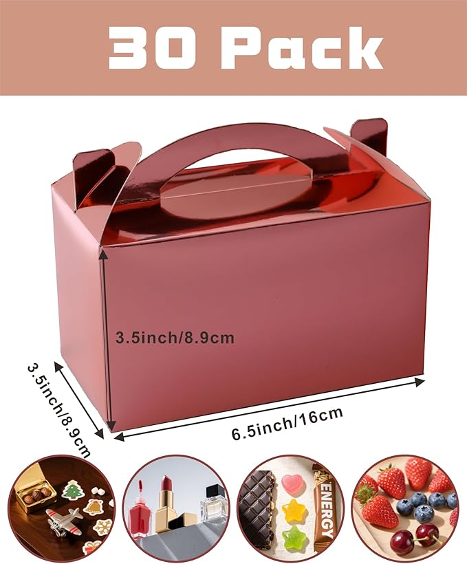 30-Pack Rose Gold Gable Treat Boxes with Handles, 6" Pop-Up Party Favor Gift Boxes for Birthday, Wedding, Baby Shower, Eco-Friendly Candy, Cookie, Goodie Bags for Kids, Bachelorette Decor