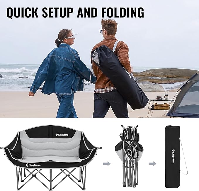 KingCamp Double Camping Chair, Oversized Heavy Duty 660lbs Loveseat for Adults Portable Folding XL 2 Person Couch Padded Comfortable Two Seat with Cup Holder for Outdoor Lawn Backyard, Black/Grey