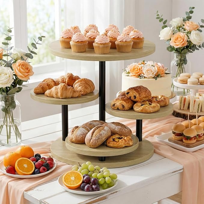Cake Stand for 50 Cupcakes 360°Rotating Wooden Cupcake Display Stand Round Cookie Stands 4 Tiered Tray Stand for Parties Birthday Wedding Baby Shower Afternoon Tea Dessert Table, Oak