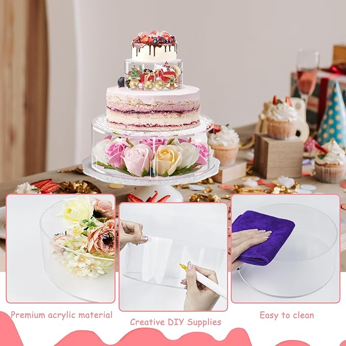 2PCS Acrylic Fillable Cake Stand with Lace Paper Doilies, Clear Round Cylinder Display Riser Display Box, Decorative Centerpiece for Wedding Birthday Party Display(6Inch, 10Inch)