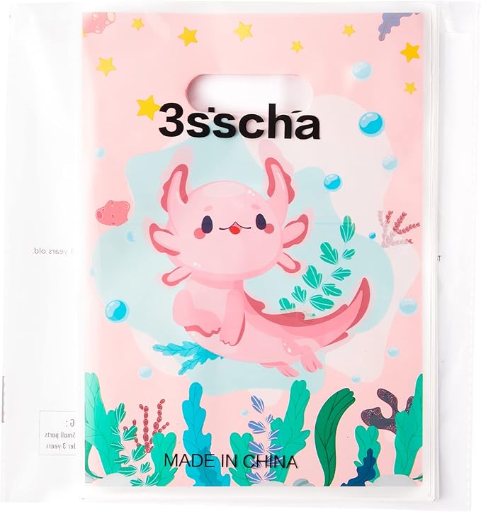 3sscha 50Pcs Axolotl Party Favor Bags Amphibian Themed Waterproof Goodie Bag with Die Cut Handles Reptile Animals Water Plants Plastic Candy Gift Pack for Baby Girl Birthday Baby Shower Decors Supplies