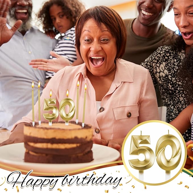 Mtlee Gold 50th Birthday Candles Set for Cakes Including Thin Metallic and Number Birthday Candles for Anniversary Celebration Party Topper Decorations Men Women