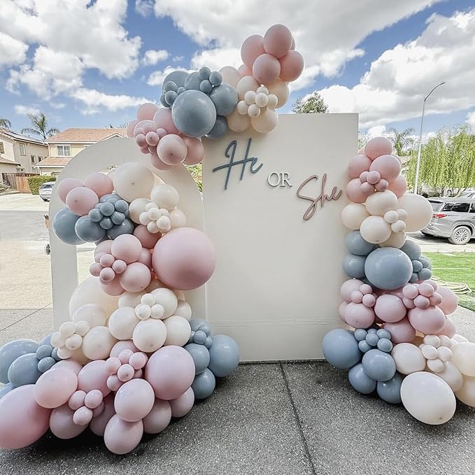 Gender Reveal Balloon Arch Garland Kit, 140Pcs Dusty Pink Misty Blue White Sand Nude Balloons for Boho Neutral Baby Shower Boy or Girl Gender Reveal Birthday Bear Theme Party Decorations